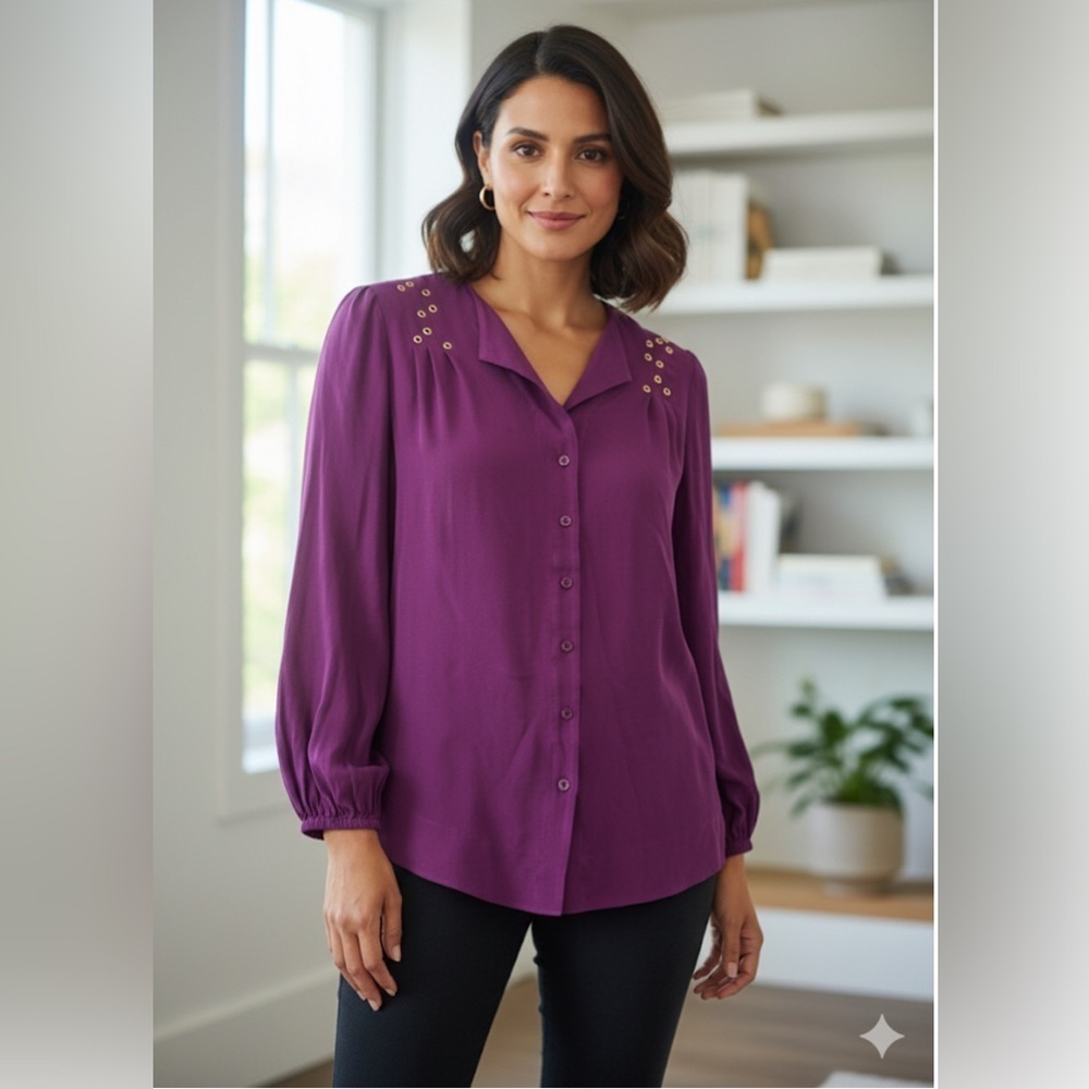 Escada Grommet Detail Silk Button Down Top Size 38 US6